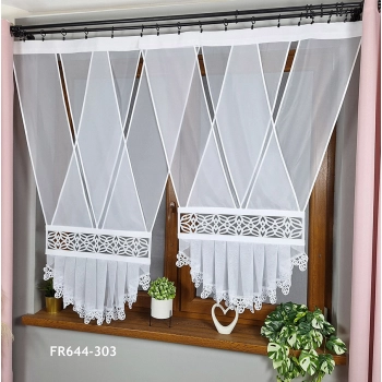 Schiebegardinen Set in V-Form mit weißem Ajour-Einsatz und Rüsche – Modell FR644-303